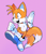 Size: 1778x2048 | Tagged: safe, artist:cynicallysly, miles "tails" prower, blue shoes, fist, gloves, looking offscreen, open mouth, pink background, redesign, shoes, simple background, smile, solo