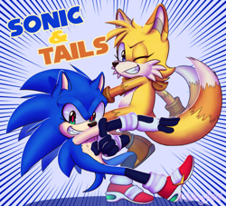 Size: 2200x2000 | Tagged: safe, artist:galaxy-pop, miles "tails" prower, sonic the hedgehog, abstract background, duo, looking at viewer, posing, red pupils, redesign, redraw, wink