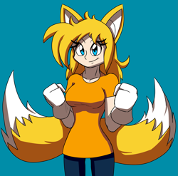 Size: 1825x1803 | Tagged: safe, artist:stolken, miles "tails" prower, human, blue background, fox ears, fox tail, gender swap, gloves, humanized, looking at viewer, pants, shirt, simple background, smile, solo