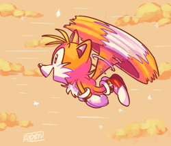Size: 600x510 | Tagged: safe, artist:artisyone, miles "tails" prower, fox, classic tails, clouds, cute, flying, looking ahead, male, mouth open, signature, solo, sparkles, spinning tails, tailabetes