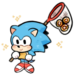 Size: 540x552 | Tagged: safe, artist:supichu, sonic the hedgehog, hedgehog, animal crossing, blushing, chibi, classic sonic, cute, fishing net, holding something, rings, shirt, simple background, smile, solo, sonabetes, sparkles, transparent background