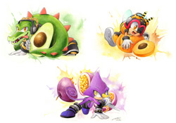 Size: 1280x896 | Tagged: safe, artist:finikart, charmy bee, espio the chameleon, vector the crocodile, bee, crocodile, lizard, abstract background, apricot, avocado, chameleon, fruit, hugging, knife, kunai knife, looking at something, looking at viewer, one eye closed, passion fruit, team chaotix, tongue out, trio