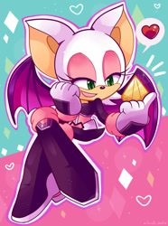 Size: 800x1076 | Tagged: safe, artist:domestic maid, rouge the bat, bat, abstract background, flying, hand on cheek, heart, legs crossed, lidded eyes, looking offscreen, mouth open, outline, pointing, rouge's heroes bodysuit, solo