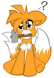 Size: 2869x4140 | Tagged: safe, artist:aerithechidna4rt, miles "tails" prower, fangs, hair over one eye, hammer, looking at viewer, mouth hold, my little pony, pegasus, ponified, pony, question mark, simple background, sitting, solo, species swap, transparent background