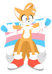 Size: 1668x2388 | Tagged: safe, artist:artyyline, miles "tails" prower, fox, blushing, cape, holding something, lineless, looking offscreen, no outlines, pride, simple background, smile, solo, trans pride, transparent background