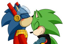Size: 1024x695 | Tagged: safe, artist:fire-for-battle, scourge the hedgehog, zonic the zone cop, hedgehog, blushing, crack shipping, duo, eyes closed, gay, hand on shoulder, kiss on head, missing accessory, simple background, smile, transparent background, zonourge