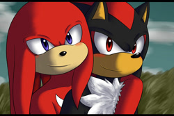 Size: 1024x683 | Tagged: safe, artist:fire-for-battle, knuckles the echidna, shadow the hedgehog, echidna, hedgehog, arm on shoulder, blushing, close-up, clouds, duo, gay, knuxadow, looking offscreen, shipping, smile