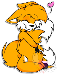 Size: 427x558 | Tagged: safe, artist:teeny16, miles "tails" prower, fox, cute, eyes closed, floppy ears, gender swap, hair over one eye, heart, holding something, holding tail, hugging, one fang, outline, simple background, sitting, smile, solo, tailabetes, transparent background, watermark