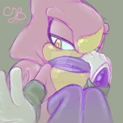 Size: 1280x1280 | Tagged: safe, artist:asb-fan, espio the chameleon, lizard, blushing, chameleon, green background, holding something, long socks, looking at viewer, redesign, scarf, signature, simple background, sitting, socks, solo, watermark