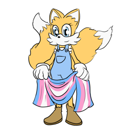 Size: 1200x1200 | Tagged: safe, artist:spacerobt, miles "tails" prower, fox, holding something, looking at viewer, redesign, simple background, smile, solo, standing, trans female, trans girl tails, trans pride, transgender, white background