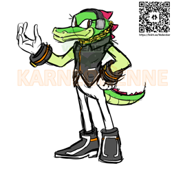 Size: 1200x1200 | Tagged: safe, artist:karneolienne, artist:vedember, vector the crocodile, crocodile, gender swap, hand on hip, looking at viewer, qr code, simple background, sketch, smile, solo, standing, watermark, white background