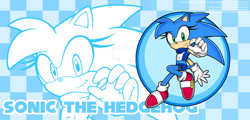 Size: 1292x618 | Tagged: safe, artist:devanarcher101, artist:moesisterson, artist:vedember, sonic the hedgehog, hedgehog, checkered background, crop top, echo background, gender swap, looking at viewer, posing, scarf, shorts, smile, solo, sonic channel wallpaper style