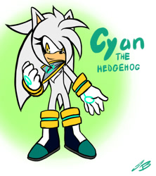 Size: 576x648 | Tagged: safe, artist:sonicdnb, silver the hedgehog, hedgehog, bandana, character name, clenched fist, gender swap, gradient background, hair over one eye, looking offscreen, signature, smile, solo, standing
