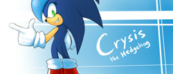 Size: 1024x441 | Tagged: safe, artist:sonicdnb, sonic the hedgehog, hedgehog, abstract background, boots, clenched teeth, gender swap, gloves, looking back, pointing, smile, socks, solo, standing