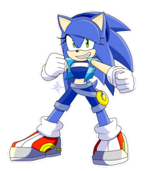 Size: 560x600 | Tagged: safe, artist:k3llywolfarts, sonic the hedgehog, oc, oc:kelly the hedgehog, hedgehog, clenched fists, clenched teeth, crop top, gender swap, gloves, hair over one eye, headband, jacket, looking at viewer, outline, posing, ring, shoes, shorts, signature, simple background, socks, solo, standing, transparent background
