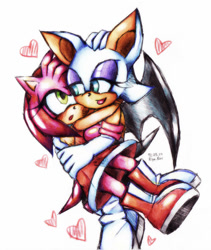 Size: 1024x1214 | Tagged: safe, artist:justriyaray, amy rose, rouge the bat, bat, hedgehog, amy's halterneck dress, duo, hand on head, hearts, holding each other, lesbian, lidded eyes, looking at each other, mouth open, rougamy, rouge's heart top, shipping, simple background, smile, white background