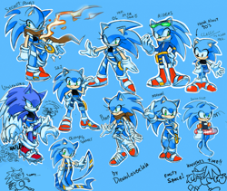 Size: 680x575 | Tagged: dead source, safe, artist:drawloverlala, knuckles the echidna, sonic the hedgehog, sonic adventure 2, sonic the hedgehog (2006), sonic unleashed, blue background, boots, classic sonic, flame, gender swap, mario & sonic at the olympic games, meme, modern sonic, one fang, pointing, ring, sanic, scarf, simple background, sketch, smile, solo, sonic and the secret rings, sonic boom (tv), sonic riders, sunglasses, swimsuit, werehog