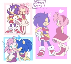 Size: 1504x1339 | Tagged: dead source, safe, artist:marcuslarry627, amy rose, sonic the hedgehog, hedgehog, abstract background, amy x sonic, blushing, duo, eyes closed, gender swap, half r63 shipping, hands behind back, hands on hips, heart, heart eyes, kiss on cheek, lesbian, looking at them, mouth open, shipping
