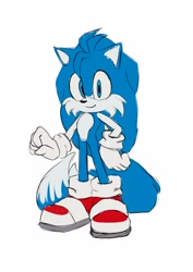 Size: 2893x4092 | Tagged: safe, artist:ailatf, oc, hybrid, alternate version, blue eyes, blue fur, fusion, fusion:sonic, fusion:tails, gloves, hand on hip, hedgefox, looking at viewer, shoes, simple background, sketch, smile, socks, solo, standing, white background