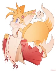 Size: 578x733 | Tagged: safe, artist:iiimirai, miles "tails" prower, fox, blushing, charm, exclamation mark, flower, gender swap, hands together, kimono, kneeling, looking offscreen, one fang, question mark, sandals, shocked, simple background, solo, tailabetes, the helpful fox senko-san, white background