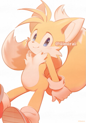 Size: 493x700 | Tagged: safe, artist:iiimirai, miles "tails" prower, fox, blushing, cute, gloves, hands behind back, holding something, looking at viewer, shoes, simple background, smile, socks, solo, tailabetes, white background