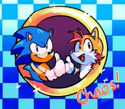 Size: 800x700 | Tagged: safe, artist:artisyone, miles "tails" prower, sonic the hedgehog, fox, hedgehog, checkered background, classic sonic, classic tails, double thumbs up, duo, exclamation mark, looking at viewer, looking offscreen, mouth open, one fang, redraw, ring, smile, sonic chaos, sparkles, title screen