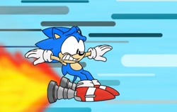 Size: 942x595 | Tagged: safe, artist:jouigirabbit, sonic the hedgehog, hedgehog, abstract background, clenched teeth, fire, flying, rocket shoes, solo, sonic chaos, this will end in property damage, this won't end well, worried