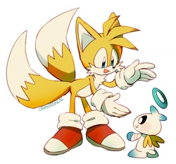 Size: 1500x1393 | Tagged: safe, artist:orphisterical, miles "tails" prower, chao, duo, hero chao, looking at each other, simple background, white background