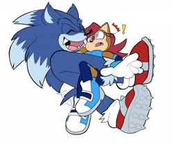 Size: 1920x1600 | Tagged: safe, artist:tiff v, sally acorn, sonic the hedgehog, hugging, laughing, sally's ringblader outfit, shipping, simple background, sonally, straight, werehog, white background