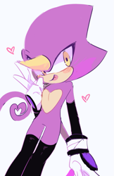 Size: 505x781 | Tagged: safe, artist:holoskas, espio the chameleon, blushing, chameleon, cute, espibetes, heart tail, hearts, long socks, looking at viewer, simple background, solo, tongue out, v sign, white background