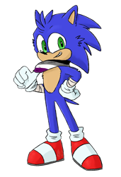 Size: 753x1101 | Tagged: safe, artist:ghostwaffleheimer, sonic the hedgehog, hedgehog, asexual pride, bandana, clenched teeth, gloves, hand on hip, looking at viewer, redesign, shoes, simple background, socks, solo, standing, transparent background