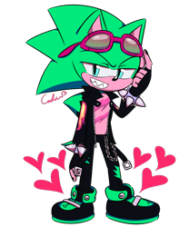 Size: 1000x1200 | Tagged: safe, artist:reinadecorazonez, scourge the hedgehog, hedgehog, chain, clenched teeth, fingerless gloves, hearts, jacket, lidded eyes, looking at viewer, shoes, signature, simple background, smile, solo, spiked bracelet, standing, sunglasses