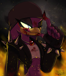 Size: 1146x1311 | Tagged: semi-grimdark, artist:kagequattordici, wave the swallow, bird, swallow, alternate universe, blood, blood stain, evil, evil grin, fire, glowing eyes, headscarf, implied murder, jacket, licking, one eye closed, signature, spiked bracelet, tongue out