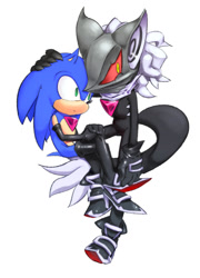 Size: 820x1136 | Tagged: safe, artist:srbsts, infinite the jackal, sonic the hedgehog, hedgehog, jackal, alternate universe, duo, evil, frown, gay, gloves, hand on head, hand on knee, infinite sonic, infinite's mask, long gloves, long socks, looking at them, looking offscreen, mid-air, phantom ruby, shipping, simple background, sonfinite, white background