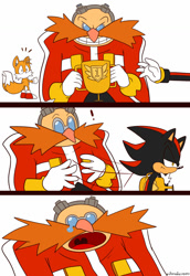 Size: 1024x1485 | Tagged: safe, artist:domestic maid, miles "tails" prower, robotnik, shadow the hedgehog, fox, hedgehog, human, clenched teeth, exclamation mark, lidded eyes, looking back, meme, mouth open, panels, redraw, simple background, team sonic racing overdrive, tears of sadness, trio, trophy, white background