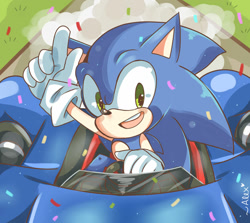 Size: 1024x915 | Tagged: safe, artist:piink-rose, sonic the hedgehog, hedgehog, car, confetti, driving, dust clouds, looking at viewer, mouth open, pointing, signature, solo, team sonic racing