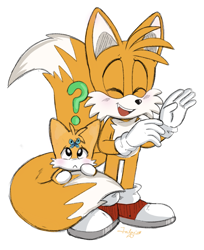 Size: 1197x1467 | Tagged: safe, artist:devotedsidekick, miles "tails" prower, chao, blushing, butterfly, duo, eyes closed, frown, gloves, mouth open, one fang, question mark, shoes, simple background, socks, standing, tails chao, white background, wrapped in tails
