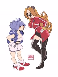 Size: 1536x2048 | Tagged: safe, artist:kamii momoru, robotnik, sonic the hedgehog, oc, oc:eggma'am (ciosuii), human, gender swap, humanized, looking at each other, simple background, tongue out, white background