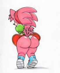 Size: 1457x1768 | Tagged: suggestive, artist:nunya84587583, amy rose, hedgehog, amy's butt, amy's classic dress, amy's panties, amy's tail, amy's wagging tail, butt, butt too big, classic amy, classic amy's butt, classic amy's panties, classic amy's tail, classic amy's wagging tail, from behind, markerwork, panties, panties too small, simple background, tail wagging, the ass was fat, thong, tight fit, tight panties, upskirt, wedgie, white background