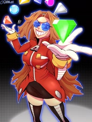 Size: 1536x2048 | Tagged: safe, artist:nrg_98, robotnik, oc, oc:eggma'am (ciosuii), human, chaos emerald, from above, gender swap, grin, looking at viewer, solo