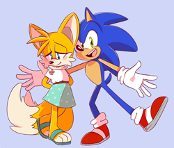 Size: 1024x874 | Tagged: safe, artist:sp-rings, miles "tails" prower, sonic the hedgehog, fox, hedgehog, belt, blue background, blushing, crossdressing, cute, dress, duo, femboy, flower, hands behind back, looking at viewer, looking down, mouth open, presenting, sandals, simple background, smile, standing on one leg, walking