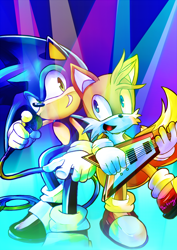 Size: 706x1000 | Tagged: safe, artist:baitong9194, miles "tails" prower, sonic the hedgehog, fox, hedgehog, clenched teeth, concert, duo, guitar, holding something, looking at them, looking at viewer, microphone, mouth open, smile, stage light, standing, standing on one leg