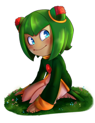 Size: 1600x2085 | Tagged: safe, artist:aylaphantom, cosmo the seedrian, seedrian, blushing, grass, looking offscreen, simple background, sitting, smile, solo, transparent background
