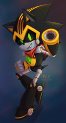 Size: 1280x2372 | Tagged: safe, artist:aylaphantom, shard the metal, bandana, black sclera, clenched fist, clenched teeth, featured image, green eyes, looking at viewer, rayman, rayman 2: the great escape, robot, running, signature, solo, standing on one leg, style emulation