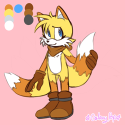Size: 2000x2000 | Tagged: safe, artist:galaxy-pop, miles "tails" prower, fox, bandana, brown gloves, brown shoes, brown tipped ears, colours, cute, gloves, hair over one eye, holding something, holding tail, looking offscreen, pink background, redesign, shoes, signature, simple background, smile, solo, standing