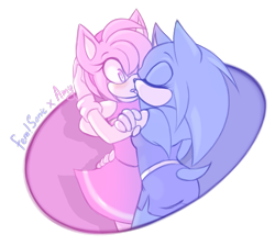 Size: 1325x1185 | Tagged: safe, artist:laqb, amy rose, sonic the hedgehog, hedgehog, 2014, abstract background, amy x sonic, blushing, duo, eyes closed, gender swap, half r63 shipping, holding each other, kiss, leaning in, lesbian, looking at them, mouth open, semi-transparent background, shipping, tongue out