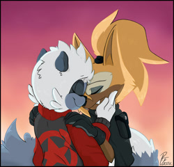 Size: 1280x1227 | Tagged: safe, artist:ridleynemrick, tangle the lemur, whisper the wolf, lemur, wolf, duo, eyes closed, females only, hand on cheek, holding each other, lesbian, one fang, shipping, signature, smile, tangle x whisper