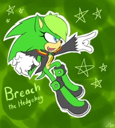Size: 1024x1136 | Tagged: safe, artist:sonicdnb, scourge the hedgehog, hedgehog, abstract background, boots, gender swap, jacket, looking ahead, mouth open, pointing, solo, star (symbol)