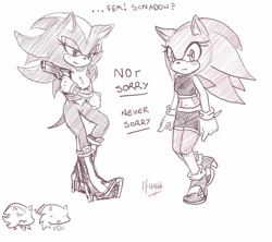 Size: 900x799 | Tagged: safe, artist:blueneedle-inu, shadow the hedgehog, sonic the hedgehog, hedgehog, arms folded, blushing, crop top, duo, frown, gender swap, gun, holding something, leaning back, lesbian, mouth open, r63 shipping, shadow x sonic, shipping, shorts, simple background, sketch, standing, standing on one leg, white background