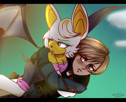 Size: 1600x1300 | Tagged: safe, artist:illfaintiii, agent topaz, rouge the bat, bat, human, blushing, carrying them, clenched teeth, clouds, duo, flying, implied lesbian, lesbian, looking at them, looking behind, redraw, roupaz, shipping, signature, sonic x